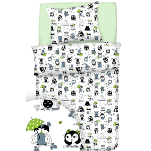 Komplet Pościeli Dziecięcej 90x120 + 50x60 Szalone Sowy Zielone Na Białym