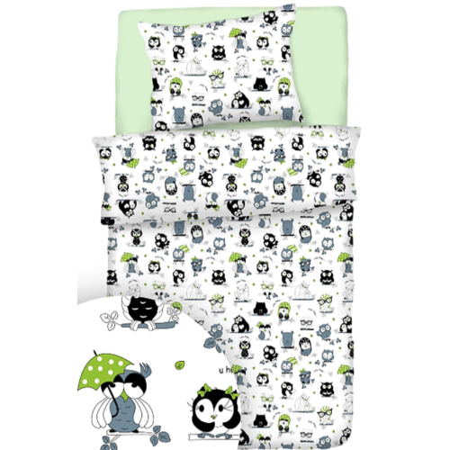 Komplet Pościeli Dziecięcej 90x120 + 50x60 Szalone Sowy Zielone Na Białym