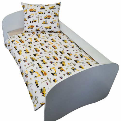 Komplet Pościeli Dziecięcej 100x160 + 50x70 Koparki Żółte Na Białym