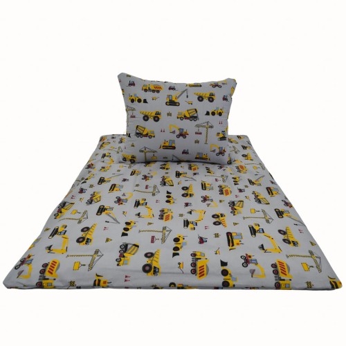 Komplet Pościeli Dziecięcej 120x160 + 50x60 Koparki Żółte Na Szarym
