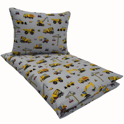 Komplet Pościeli Dziecięcej 100x160 + 50x70 Koparki Żółte Na Szarym