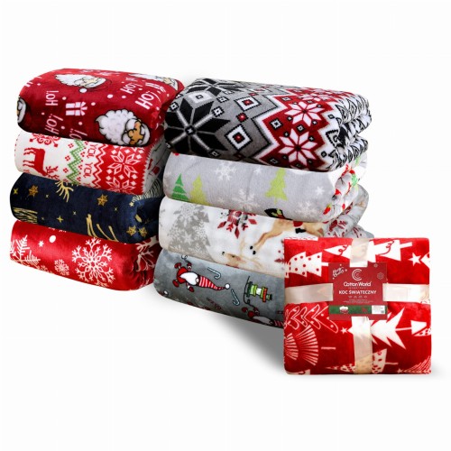 Koc Świąteczny 200x220 Mikrofibra Choinki Na Czerwonym