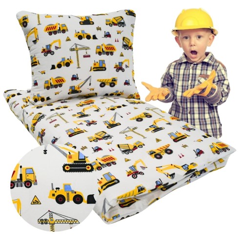 Komplet Pościeli Dziecięcej 100x160 + 40x60 Koparki Żółte Na Białym