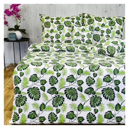 Komplet Pościeli Bawełnianej 160x200 2x70/80 Liście Palm Zielone Na Białym