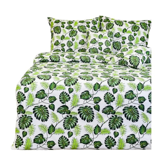 Komplet Pościeli Bawełnianej 160x200 2x70/80 Liście Palm Zielone Na Białym