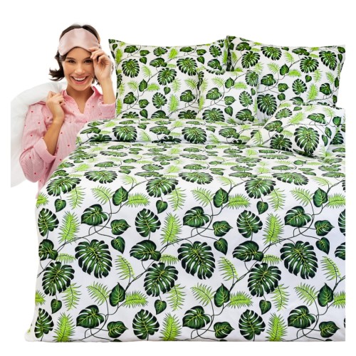 Komplet Pościeli Bawełnianej 160x200 2x70/80 Liście Palm Zielone Na Białym