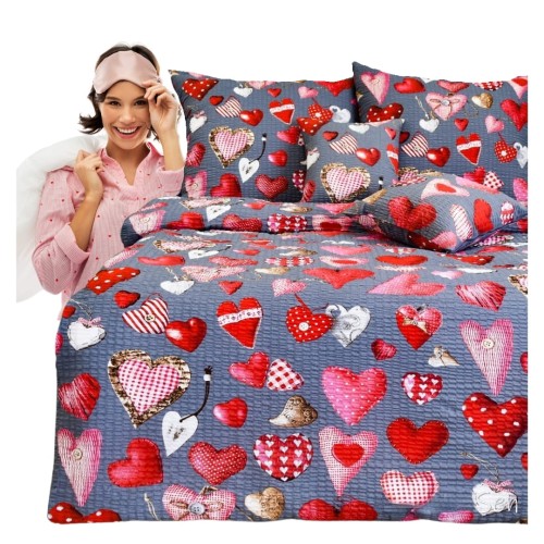 Komplet Pościeli Kora 200x220 2x70/80 Serca Guziki Na Szarym