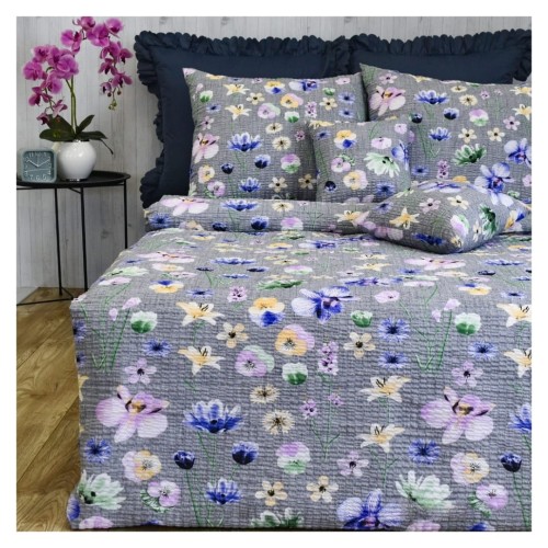 Komplet Pościeli Kora 160x200 2x70/80 Malowane Bratki Na Szarym