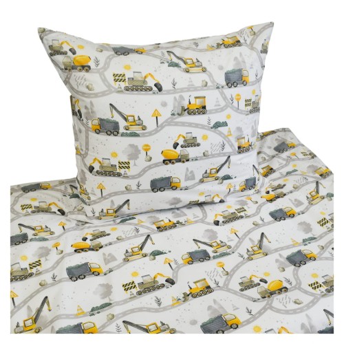 Komplet Pościeli Dziecięcej 160x200 + 1 x 70x80 Koparki Żółte Nowe