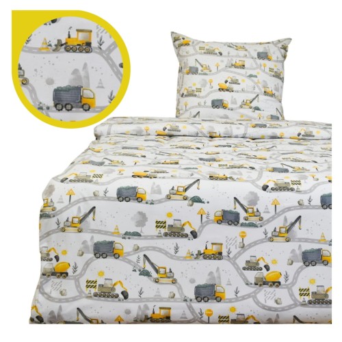 Komplet Pościeli Dziecięcej 160x200 + 1 x 50x70 Koparki Żółte Nowe