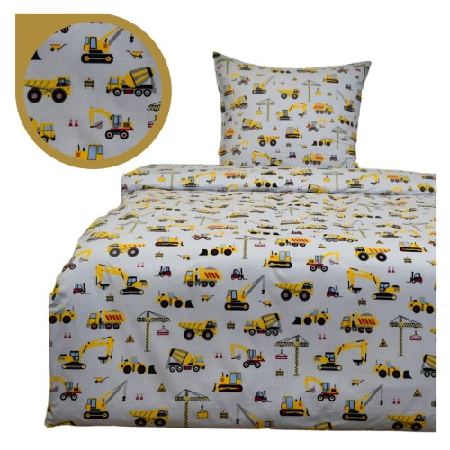 Komplet Pościeli Dziecięcej 140x160 + 50x60 Koparki Żółte Na Szarym