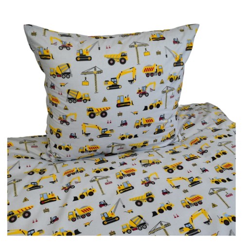 Komplet Pościeli Dziecięcej 160x200 + 1 x 50x60 Koparki Żółte Na Szarym