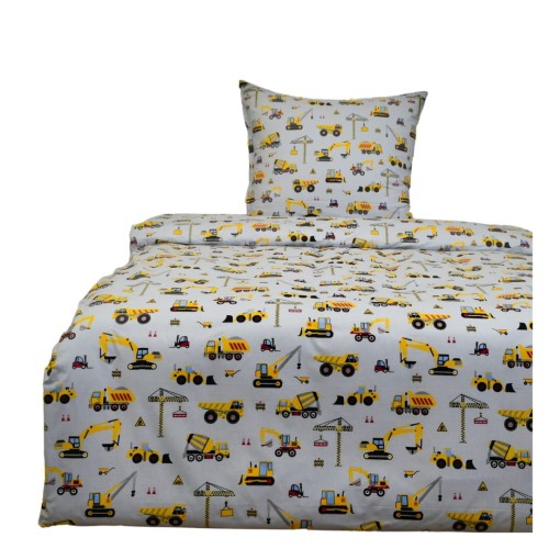 Komplet Pościeli Dziecięcej 160x200 + 1 x 50x60 Koparki Żółte Na Szarym