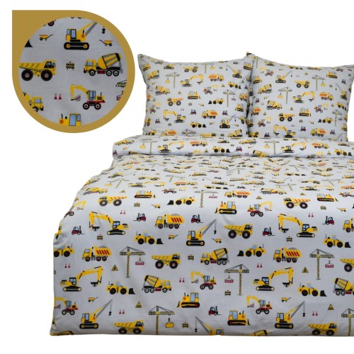 Komplet Pościeli Dziecięcej 140x200 + 2 x 50x70 Koparki Żółte Na Szarym