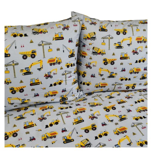 Komplet Pościeli Dziecięcej 160x200 + 2 x 50x60 Koparki Żółte Na Szarym