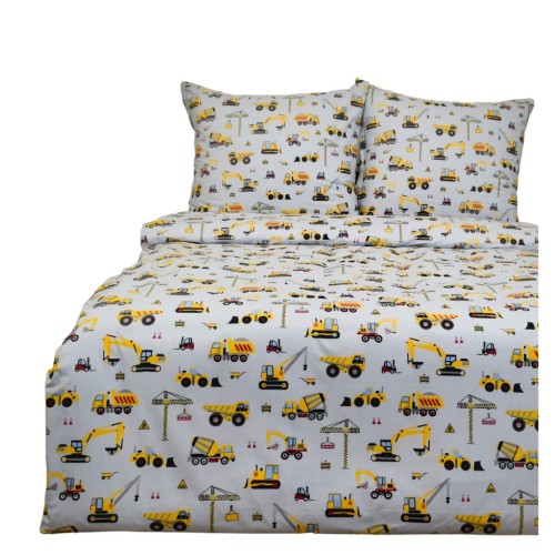 Komplet Pościeli Dziecięcej 160x200 + 2 x 50x60 Koparki Żółte Na Szarym