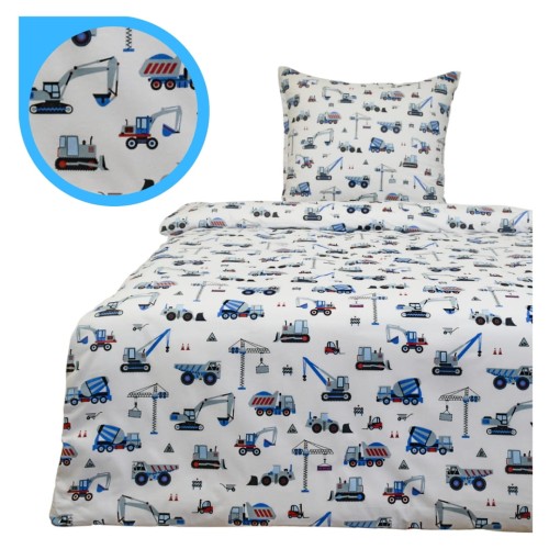 Komplet Pościeli Dziecięcej 140x200 + 1 x 50x70 Koparki Niebieskie Na Białym