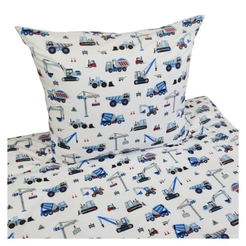 Komplet Pościeli Dziecięcej 140x200 + 1 x 50x70 Koparki Niebieskie Na Białym