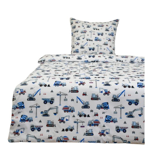 Komplet Pościeli Dziecięcej 140x200 + 1 x 50x70 Koparki Niebieskie Na Białym