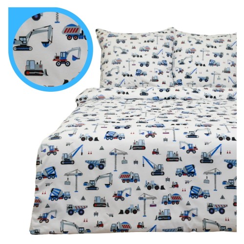 Komplet Pościeli Dziecięcej 160x200 + 2 x 50x60 Koparki Niebieskie Na Białym