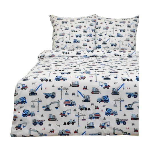 Komplet Pościeli Dziecięcej 160x200 + 2 x 50x70 Koparki Niebieskie Na Białym