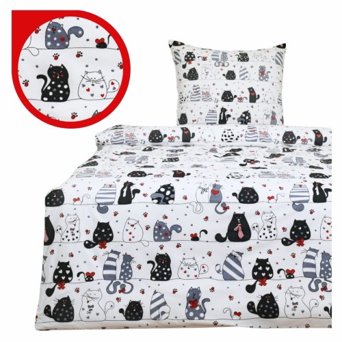 Komplet Pościeli Dziecięcej 160x200 + 1 x 50x60 Szalone Koty Czerwone Na Białym