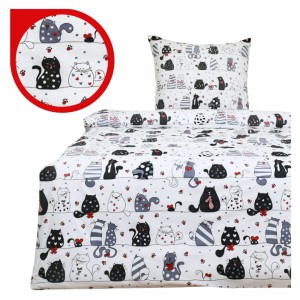 Komplet Pościeli Dziecięcej 160x200 + 1 x 70x80 Szalone Koty Czerwone Na Białym