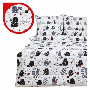 Komplet Pościeli Dziecięcej 160x200 + 2 x 70x80 Szalone Koty Czerwone Na Białym