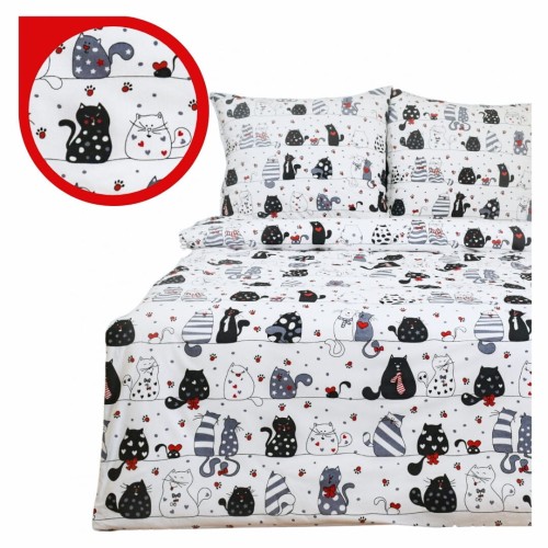 Komplet Pościeli Dziecięcej 140x200 + 2 x 50x60 Szalone Koty Czerwone Na Białym