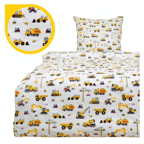 Komplet Pościeli Dziecięcej 140x160 + 50x60 Koparki Żółte Na Białym