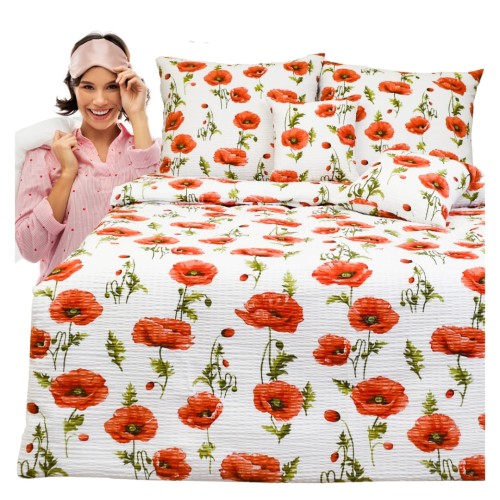 Komplet Pościeli Kora 160x200 2x70/80 Maki Na Białym