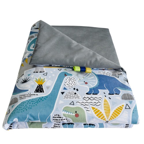 Kocyk Dziecięcy 75x100 Ocieplany Dinozaury Niebieskie/Grafit Bawełna/Velvet