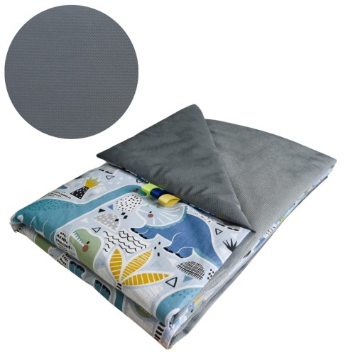 Kocyk Dziecięcy 75x100 Ocieplany Dinozaury Niebieskie/Grafit Bawełna/Velvet