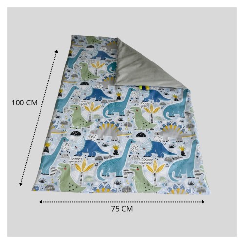 Kocyk Dziecięcy 75x100 Ocieplany Dinozaury Niebieskie/Szary Bawełna/Velvet