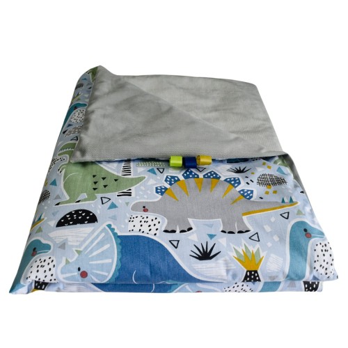 Kocyk Dziecięcy 75x100 Ocieplany Dinozaury Niebieskie/Szary Bawełna/Velvet