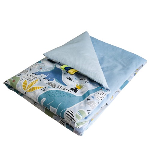 Kocyk Dziecięcy 75x100 Ocieplany Dinozaury Niebieskie/Niebieski Bawełna/Velvet