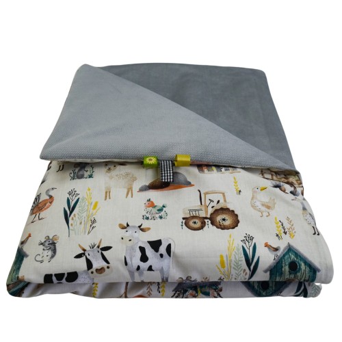 Kocyk Dziecięcy 75x100 Ocieplany Farma Retro/Szary Bawełna/Velvet