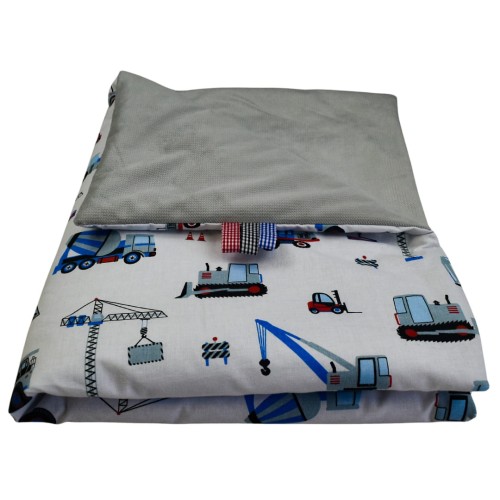 Kocyk Dziecięcy 75x100 Ocieplany Koparki Niebieskie Na Białym/Szary Bawełna/Velvet