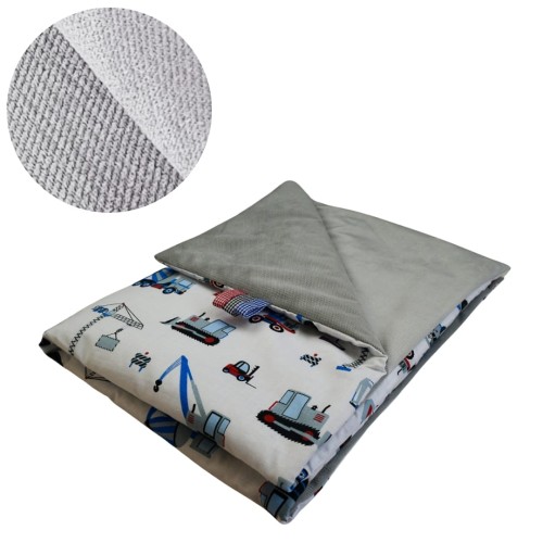 Kocyk Dziecięcy 75x100 Ocieplany Koparki Niebieskie Na Białym/Szary Bawełna/Velvet