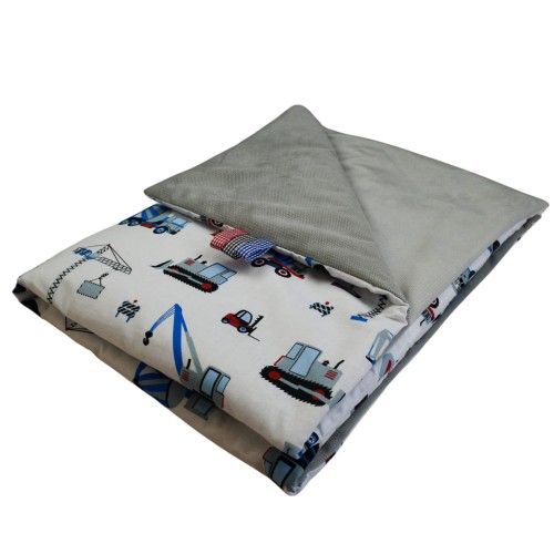 Kocyk Dziecięcy 75x100 Ocieplany Koparki Niebieskie Na Białym/Szary Bawełna/Velvet