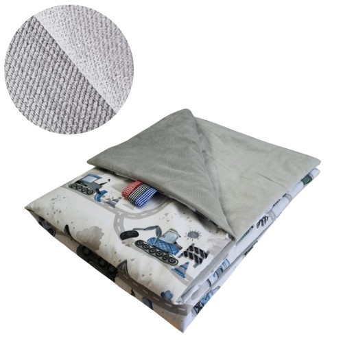 Kocyk Dziecięcy 75x100 Ocieplany Koparki Niebieskie Nowe/Szary Bawełna/Velvet