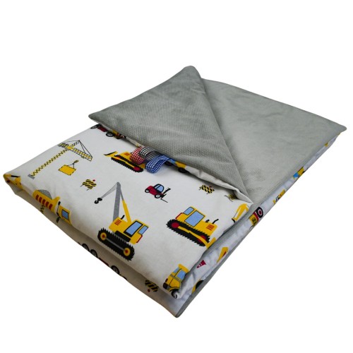 Kocyk Dziecięcy 75x100 Ocieplany Koparki Żółte Na Białym/Szary Bawełna/Velvet