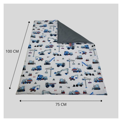 Kocyk Dziecięcy 75x100 Ocieplany Koparki Niebieskie Na Białym/Grafit Bawełna/Velvet