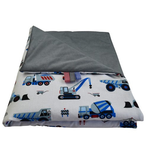 Kocyk Dziecięcy 75x100 Ocieplany Koparki Niebieskie Na Białym/Grafit Bawełna/Velvet