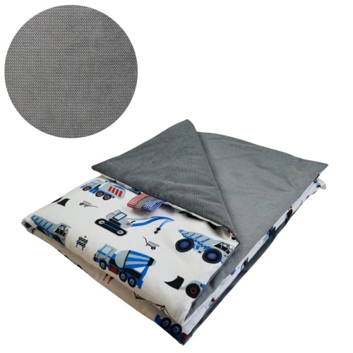 Kocyk Dziecięcy 75x100 Ocieplany Koparki Niebieskie Na Białym/Grafit Bawełna/Velvet