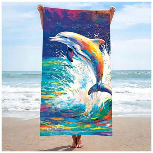 Ręcznik Plażowy Kąpielowy XL 70x140 Malowany Delfin Szybkoschnący H129