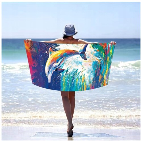 Ręcznik Plażowy Kąpielowy XL 70x140 Malowany Delfin Szybkoschnący H129