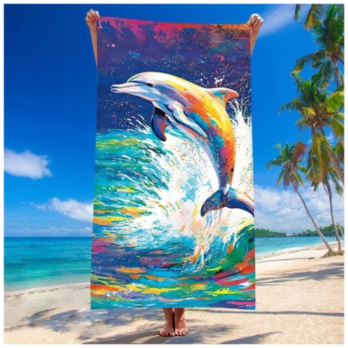 Ręcznik Plażowy Kąpielowy XL 70x140 Malowany Delfin Szybkoschnący H129