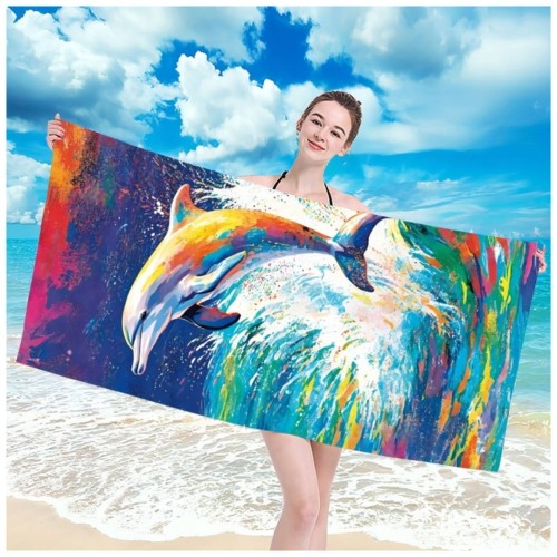 Ręcznik Plażowy Kąpielowy XL 70x140 Malowany Delfin Szybkoschnący H129