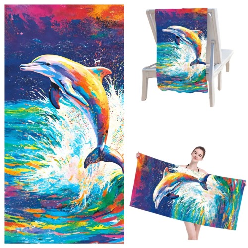 Ręcznik Plażowy Kąpielowy XL 70x140 Malowany Delfin Szybkoschnący H129